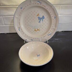 Set of 2 Aunt Rhody Brick Oven Stoneware Goose Blue Bow 11"Dinner Plate & Bowl
